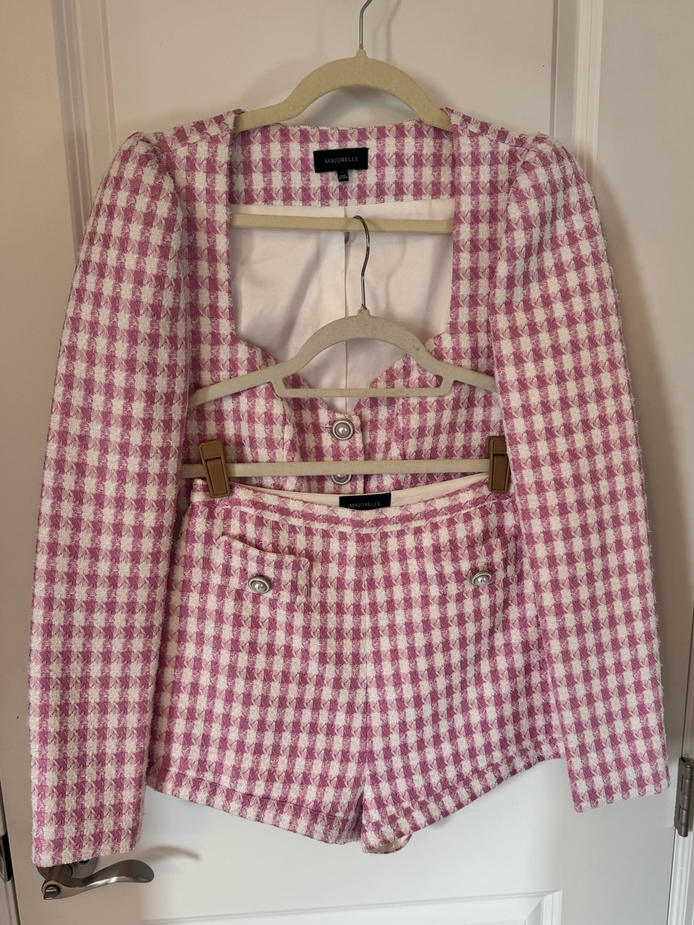 Majorelle Natalie tweed Pink and White Houndstooth Tweed Blazer set shorts